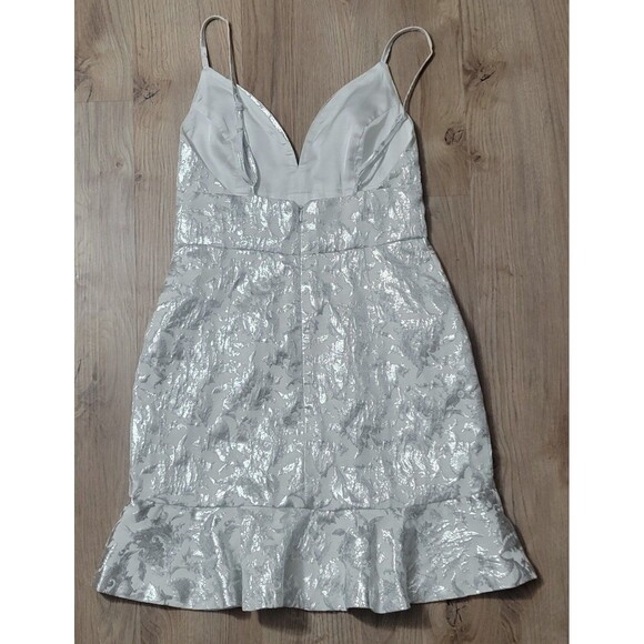 Lulus Can't Refuse White Silver Jacquard Ruffled Mini Party Holiday Dress small - Picture 2 of 8